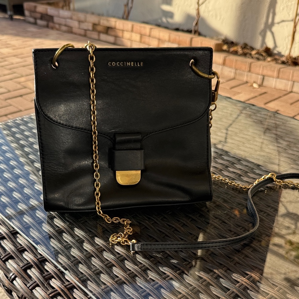 Coccinelle Black Leather Crossbody Bag with Gold Chain